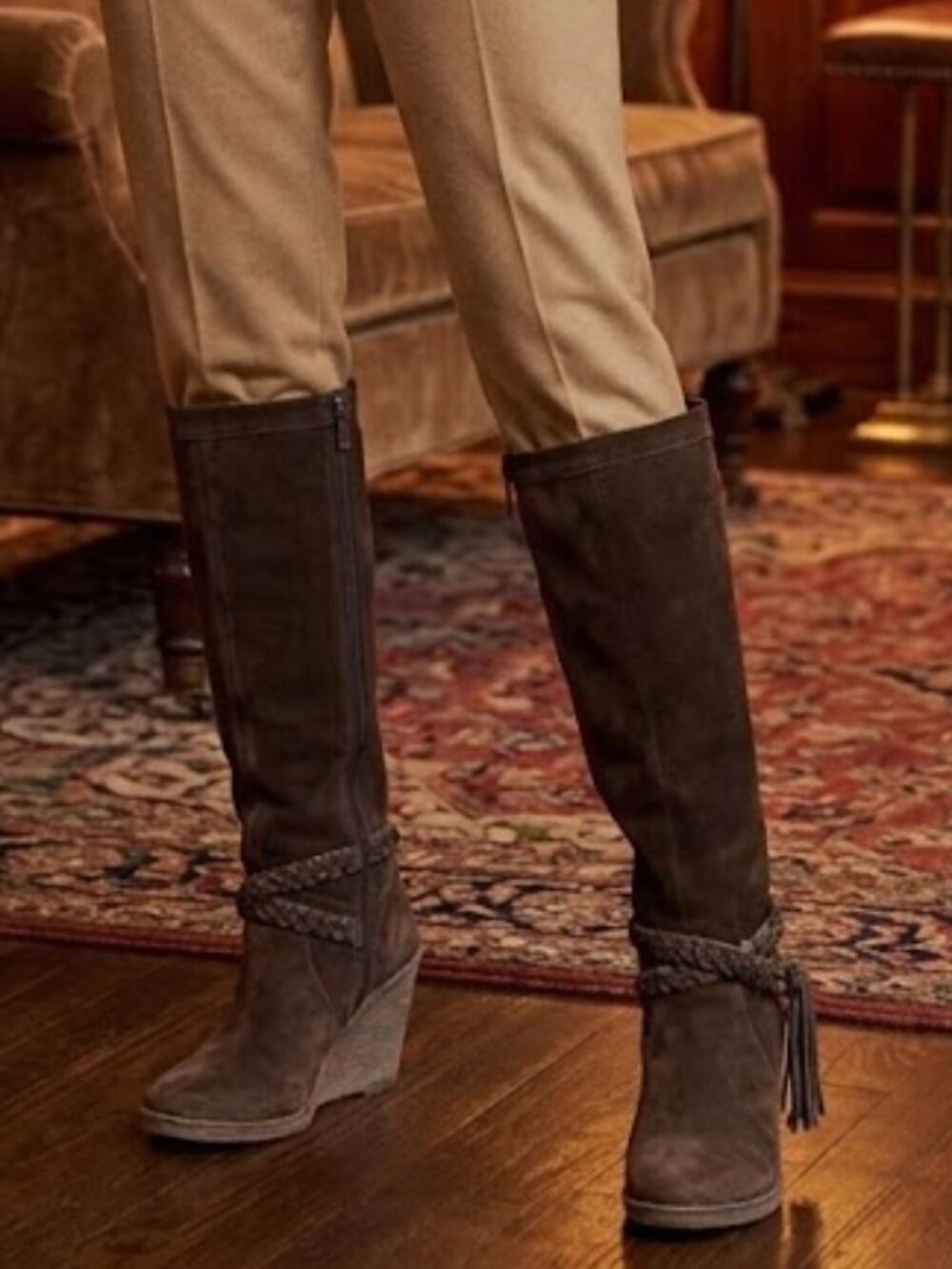 Pons Quintana Brown Suede Knee-High Wedge Boots with Braided Straps size 9.